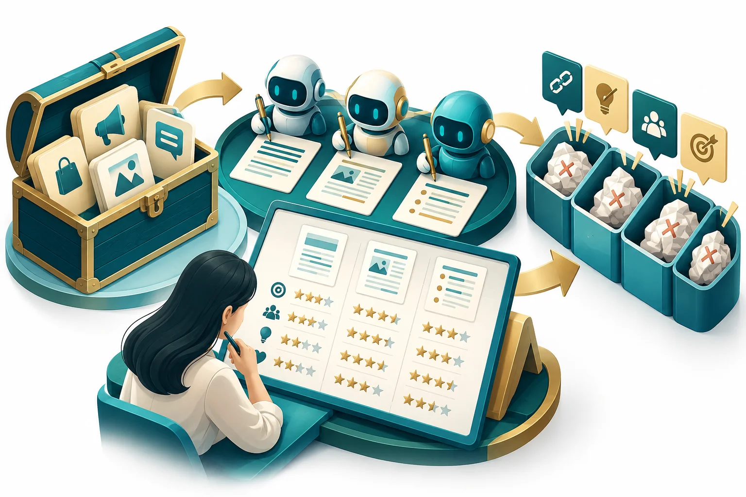如何評估 AI 文案品質?建立團隊自己的測試題庫:主題概念示意